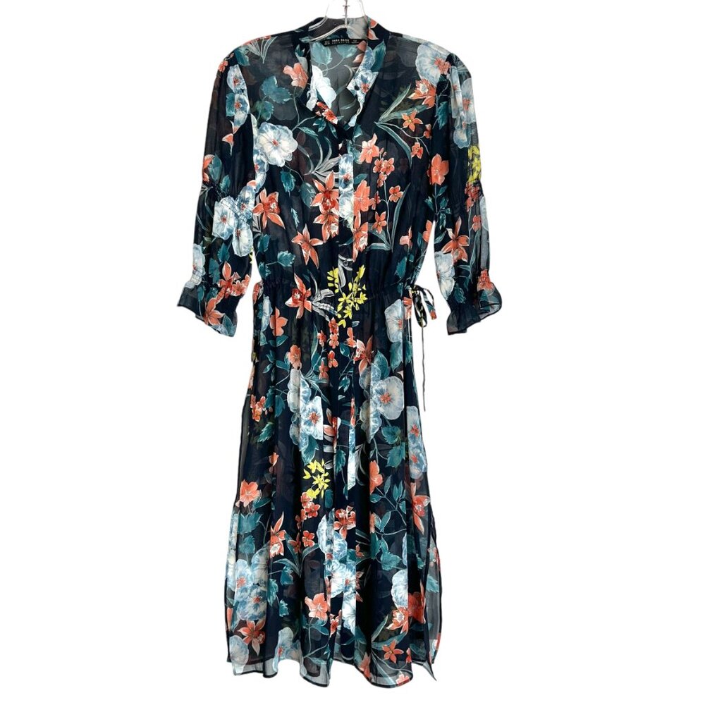 Zara Basic Collection Navy Sheer Floral Drawstring Waist Duster/Long Blouse Sz S